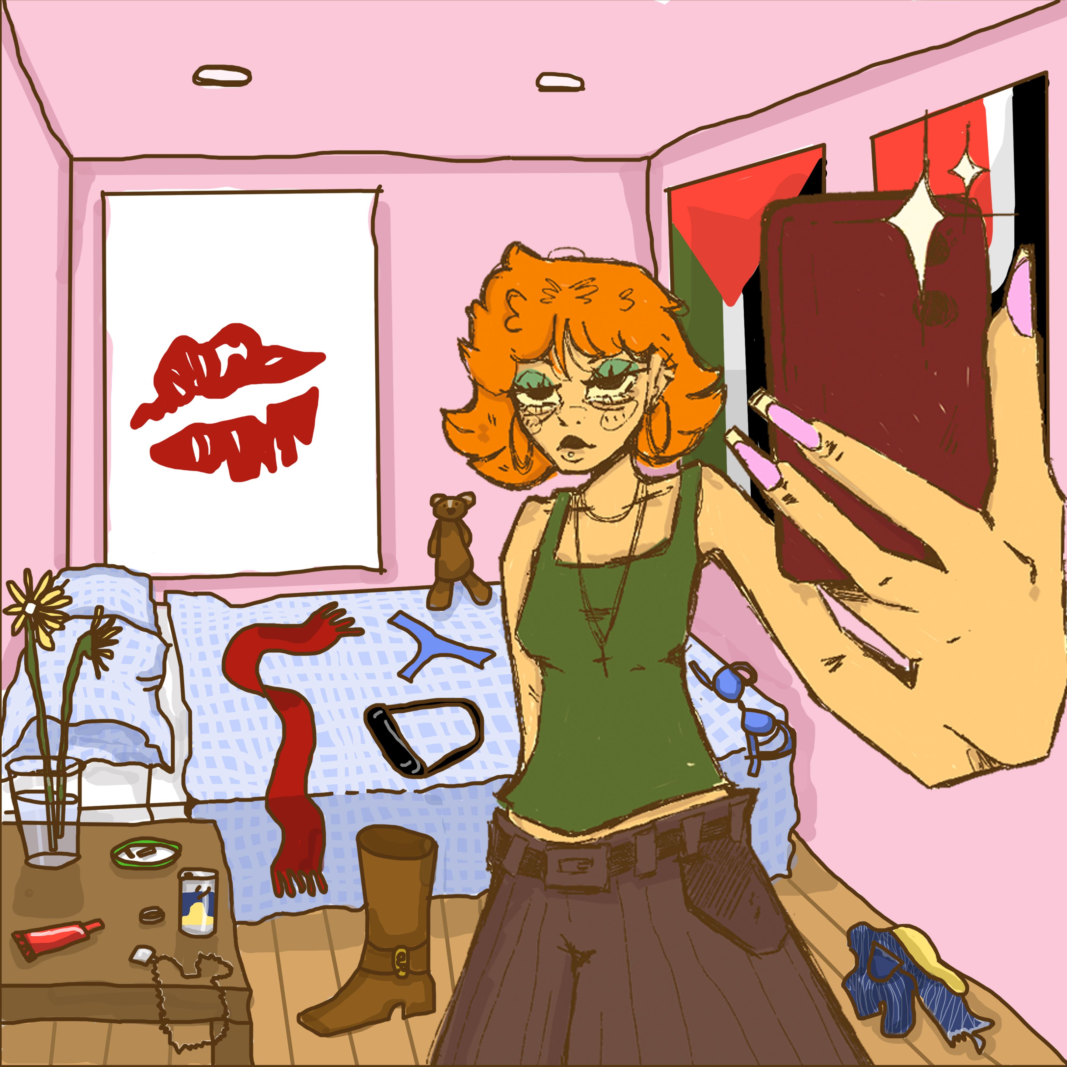 A digital sketch of femme person taking a selfie in a bedroom, with clothes draped over the bed and posters on the wall